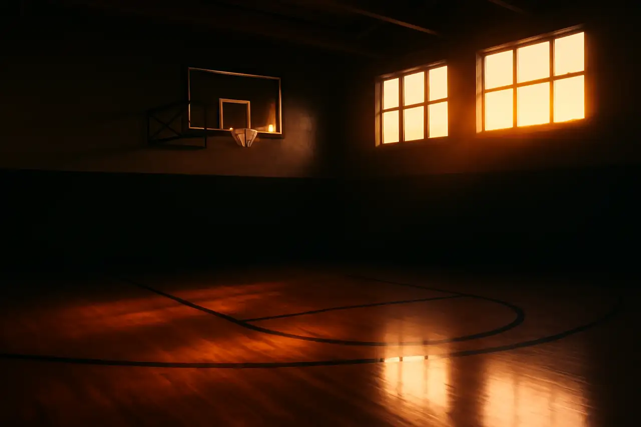 Empty hardwood basketball court with the painted key and hoop